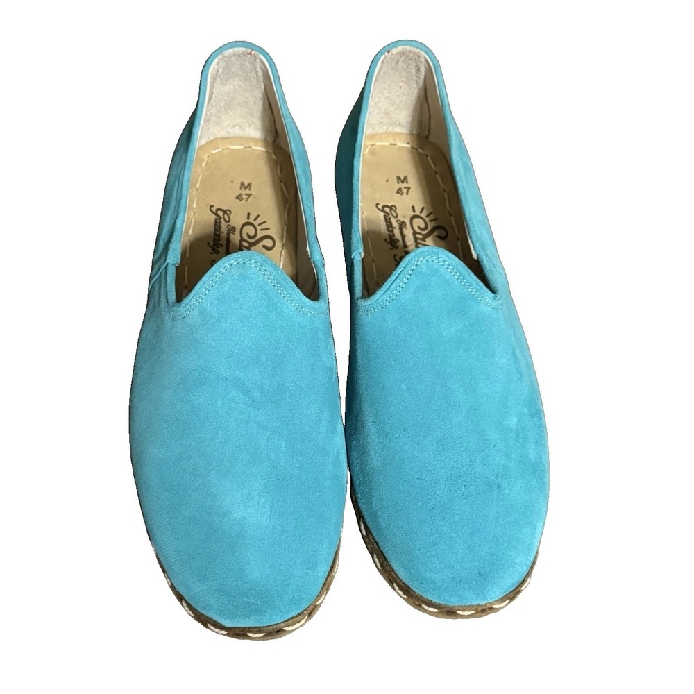 Sabah Men's Size 47 Blue Handmade Turkish Leather Slip On Loafer Shoes